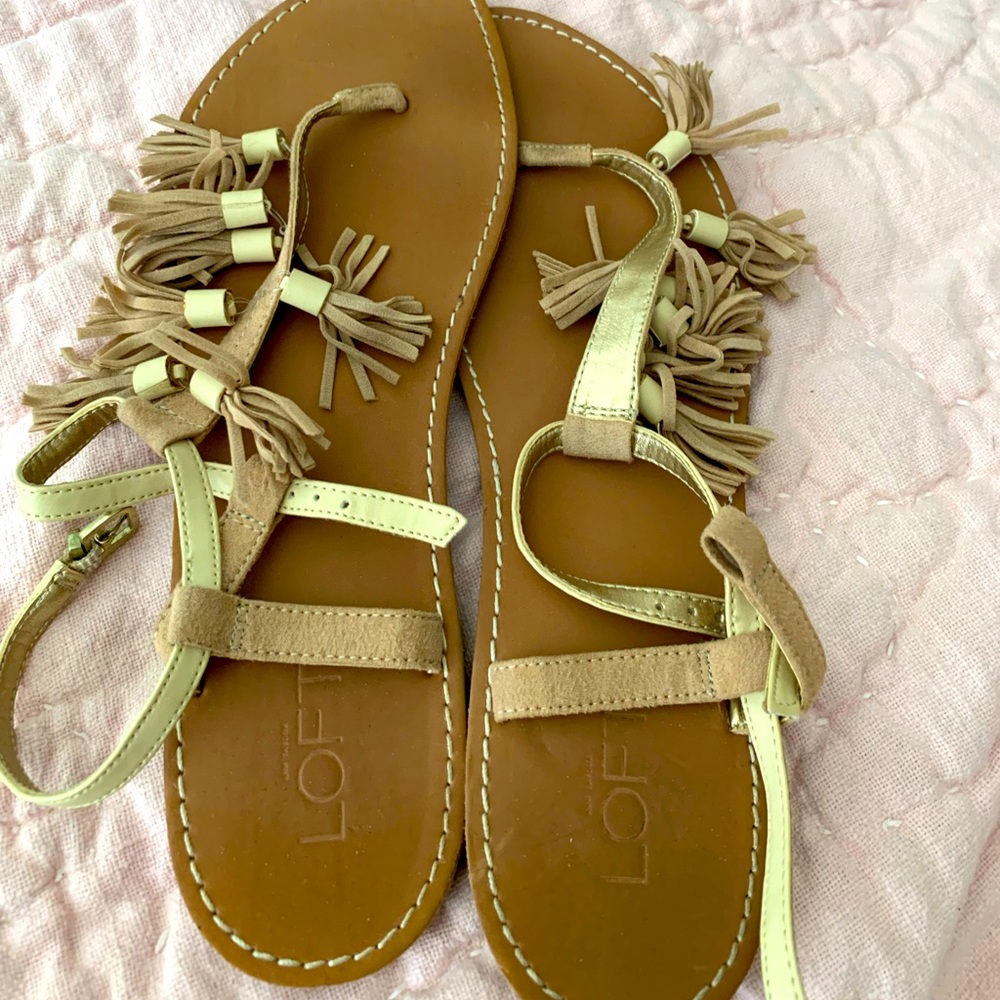 LOFT flat sandals with tassels. Gold and beige. Great condition.